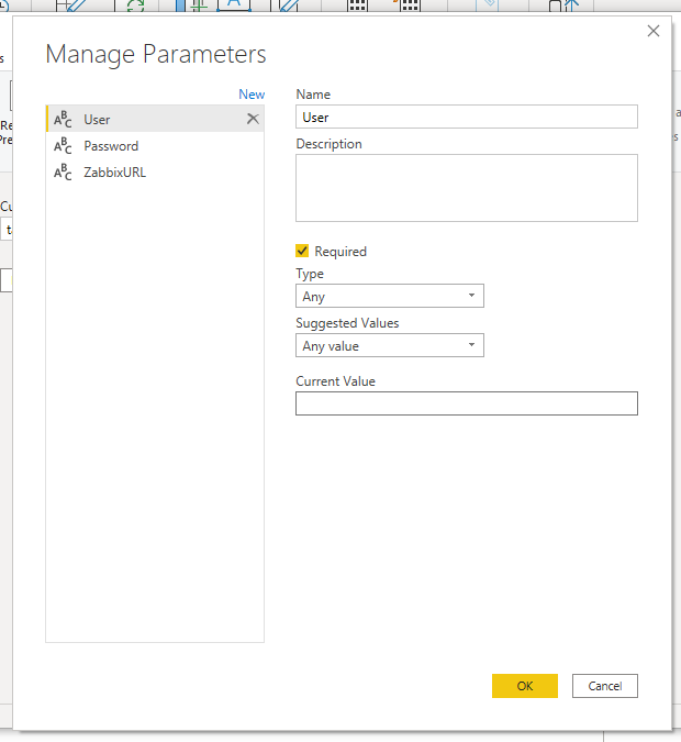 Está imagem mostra como serão os parâmetros criados para conectar o zabbix no power bi